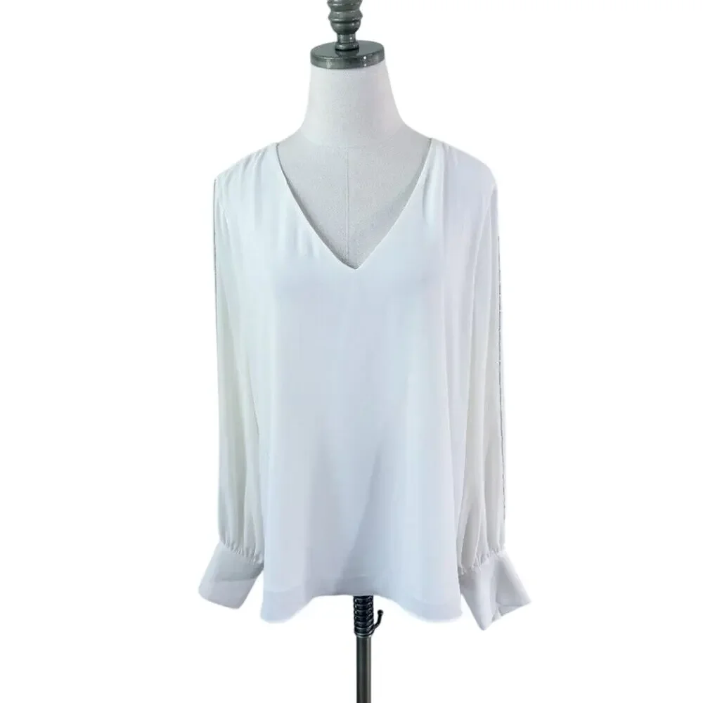 NWT WHBM Cream Long Sleeve Blouse Size Large V-Neck Button Detail 100% Polyester - Picture 9 of 10